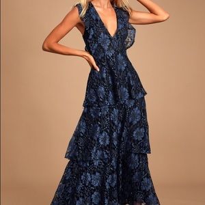 Molinetto Navy Blue Lace Ruffled Tiered Maxi Dress